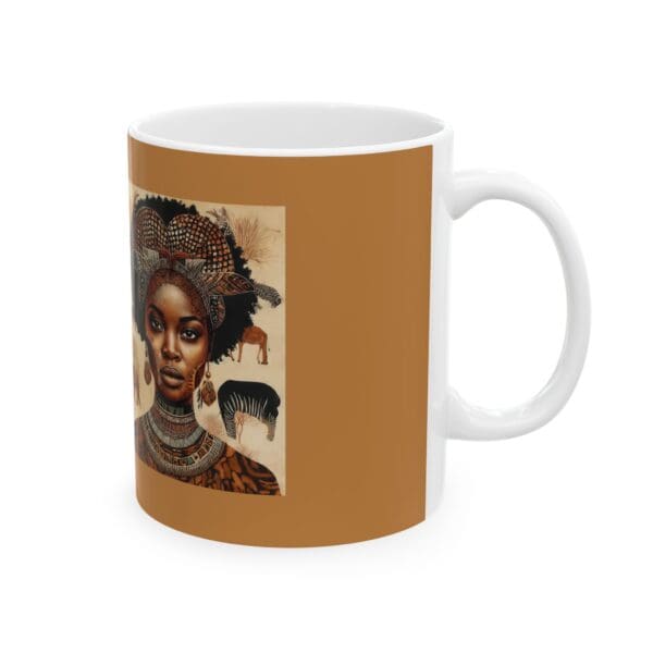 A mug with an african woman and animals on it.