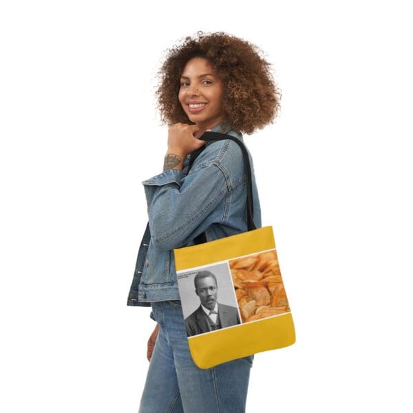 A woman holding onto a yellow bag