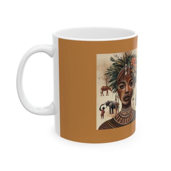 A mug with an image of a woman and elephants.