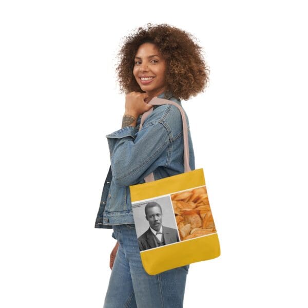 A woman holding onto a yellow bag