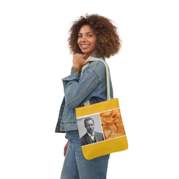 A woman holding onto a yellow bag