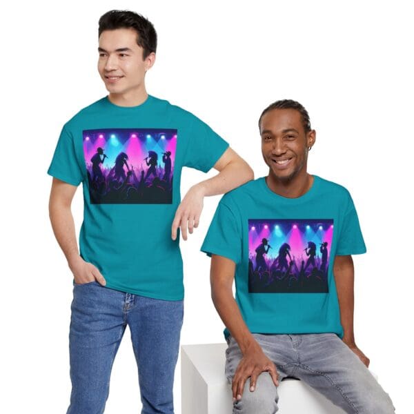 Unisex Heavy Cotton Tee - Vibrant Concert Silhouette Design "Blue & Pink Glow, Hip-Hop Takes Flight." - Image 57