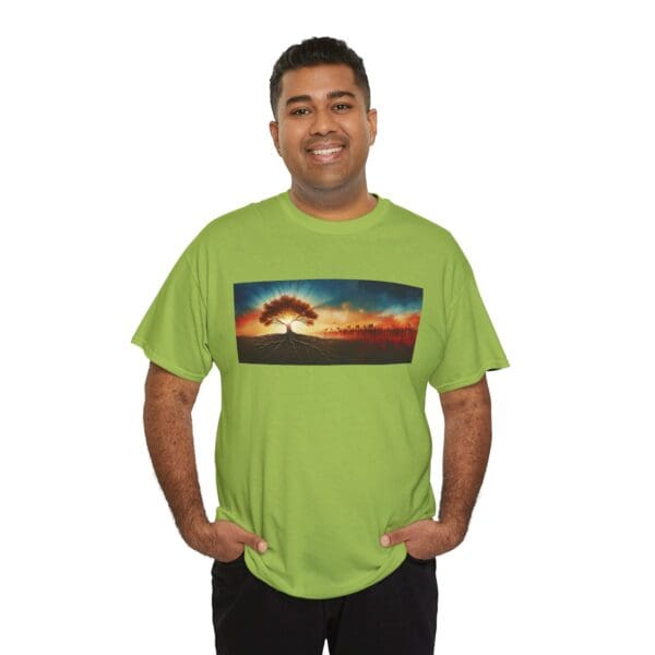 Nature-Inspired Unisex Heavy Cotton Tee with Tree Design "Guided by Resilience. United by Purpose."  "Where Roots R - Image 81