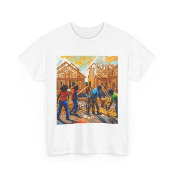 Inspirational Construction Worker Tee - Unisex Heavy Cotton Shirt Raising Walls, Uplifting Communities."  "Built by Us, Built for Us." - Image 3