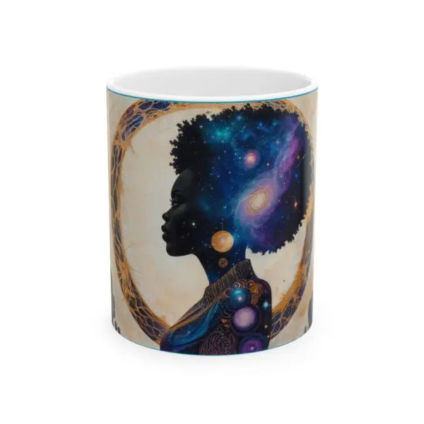 Celestial Portrait Ceramic Mug – Inspirational Coffee Cup for Space Lovers "She Holds the Galaxy. She Owns the Moment."