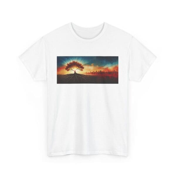 Nature-Inspired Unisex Heavy Cotton Tee with Tree Design "Guided by Resilience. United by Purpose."  "Where Roots R - Image 3