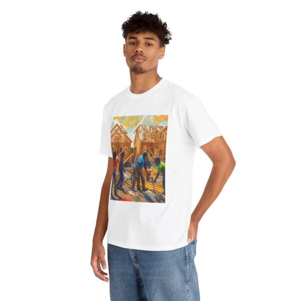 Inspirational Construction Worker Tee - Unisex Heavy Cotton Shirt Raising Walls, Uplifting Communities."  "Built by Us, Built for Us." - Image 7