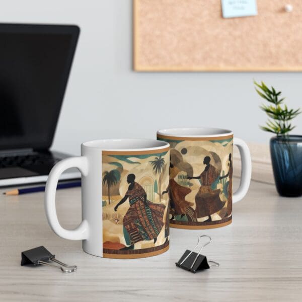 Cultural Elegance Ceramic Mug - Stylish 11oz & 15oz Coffee Cups Through the Sands of Time, We Journey On." with Artistic Design - Image 6