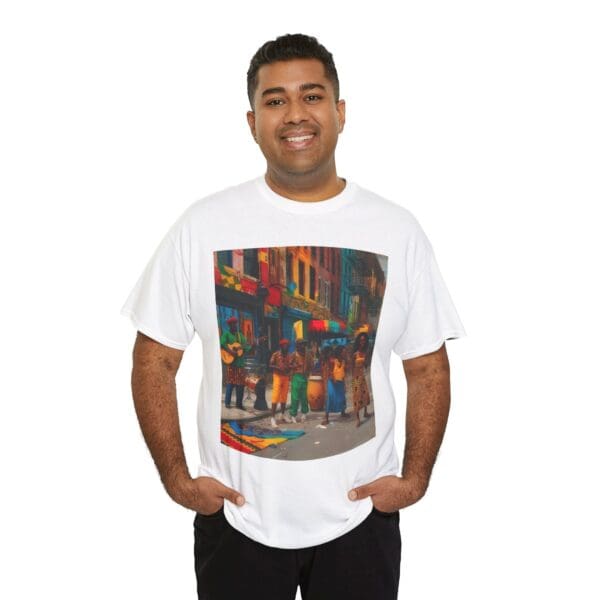 Vibrant Street Art Unisex Heavy Cotton Tee "Strings, Drums, and Stories in Motion. - Image 8