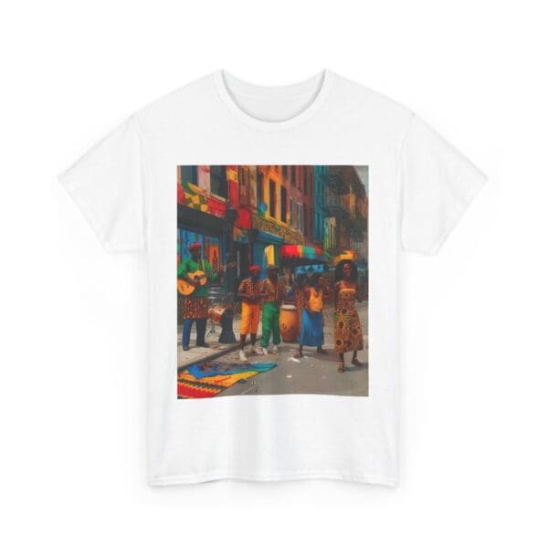 Vibrant Street Art Unisex Heavy Cotton Tee "Strings, Drums, and Stories in Motion. - Image 3