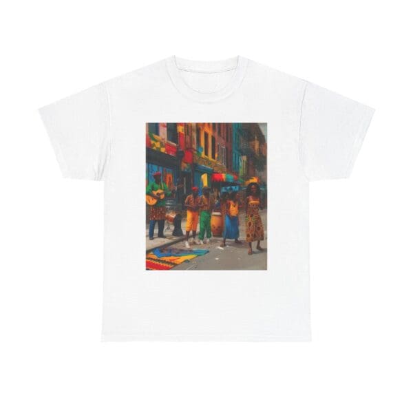Vibrant Street Art Unisex Heavy Cotton Tee "Strings, Drums, and Stories in Motion.