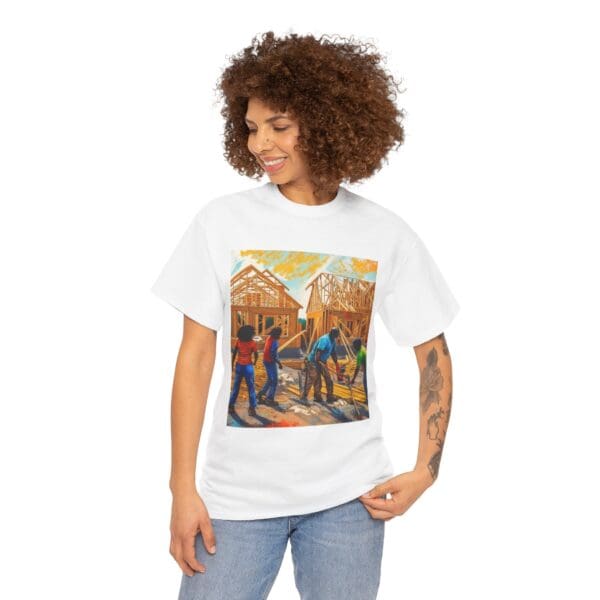 Inspirational Construction Worker Tee - Unisex Heavy Cotton Shirt Raising Walls, Uplifting Communities."  "Built by Us, Built for Us." - Image 6