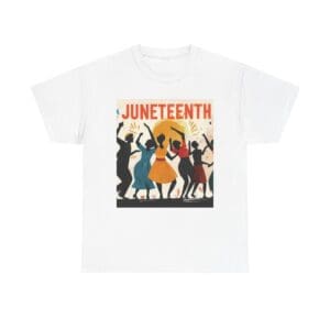 White T-shirt with Juneteenth celebration design.