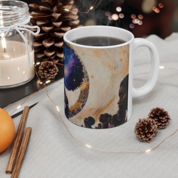 Celestial Portrait Ceramic Mug – Inspirational Coffee Cup for Space Lovers "She Holds the Galaxy. She Owns the Moment." - Image 5