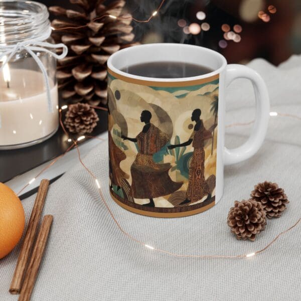 Cultural Elegance Ceramic Mug - Stylish 11oz & 15oz Coffee Cups Through the Sands of Time, We Journey On." with Artistic Design - Image 5