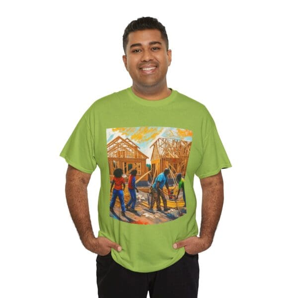 Inspirational Construction Worker Tee - Unisex Heavy Cotton Shirt Raising Walls, Uplifting Communities."  "Built by Us, Built for Us." - Image 64